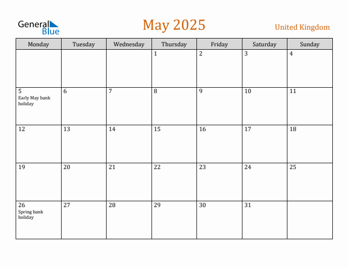 May 2025 Holiday Calendar with Monday Start