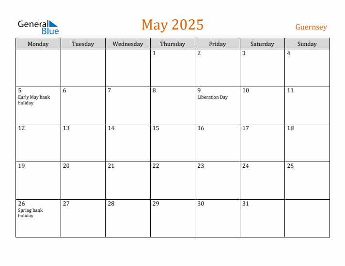 May 2025 Holiday Calendar with Monday Start