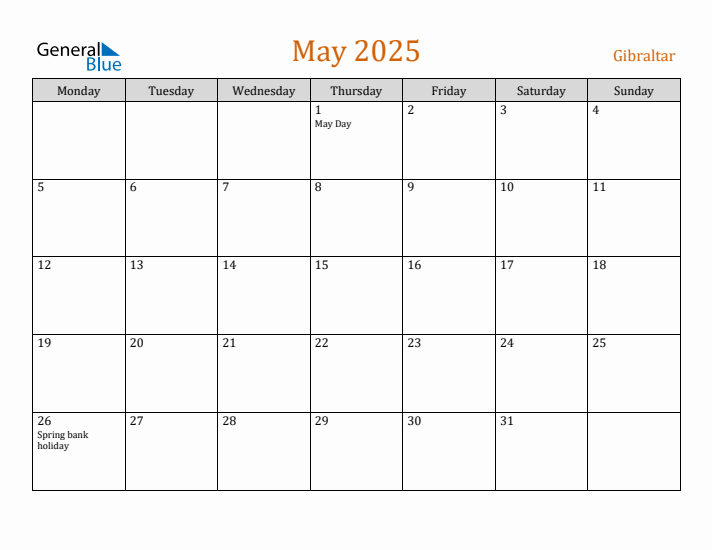 May 2025 Holiday Calendar with Monday Start