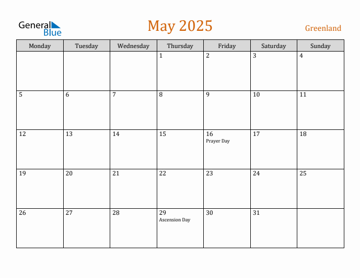 May 2025 Holiday Calendar with Monday Start