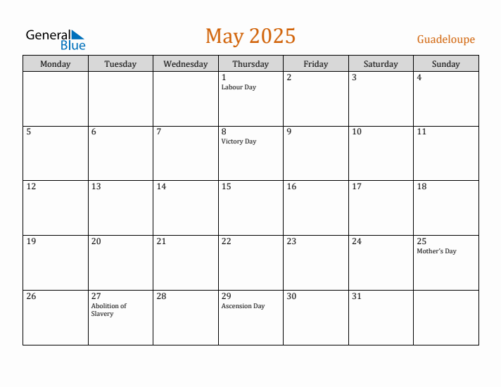 May 2025 Holiday Calendar with Monday Start