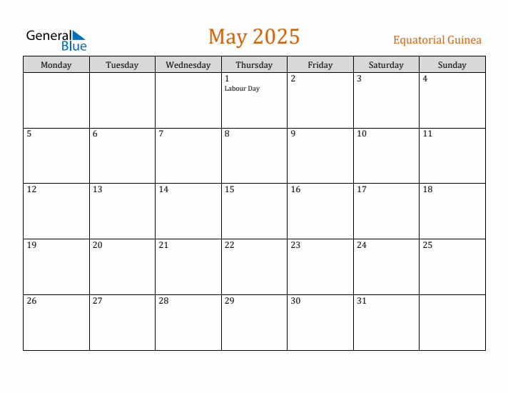 May 2025 Holiday Calendar with Monday Start