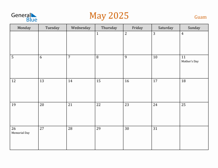 May 2025 Holiday Calendar with Monday Start