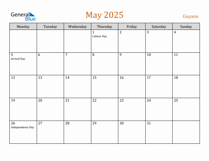 May 2025 Holiday Calendar with Monday Start