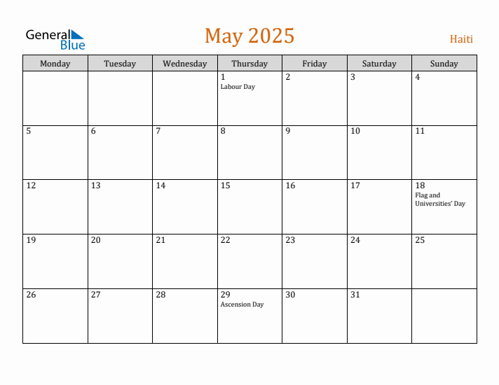 May 2025 Holiday Calendar with Monday Start