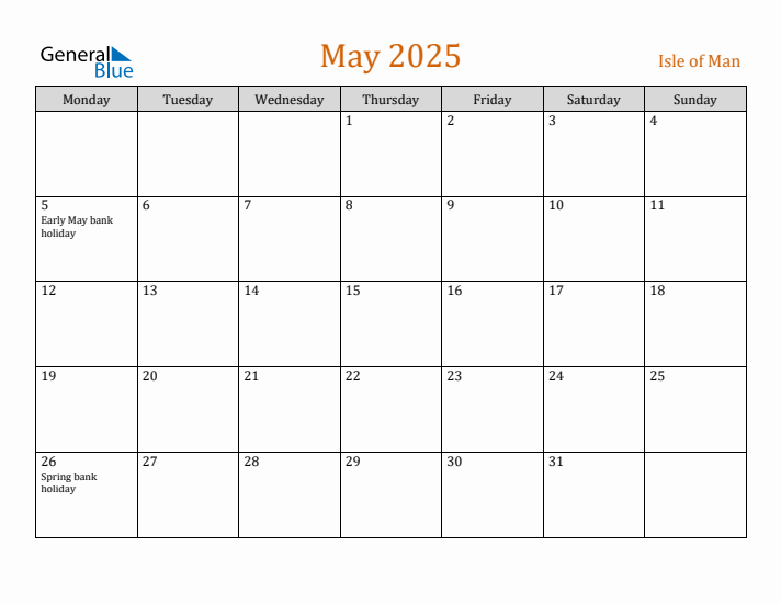 May 2025 Holiday Calendar with Monday Start