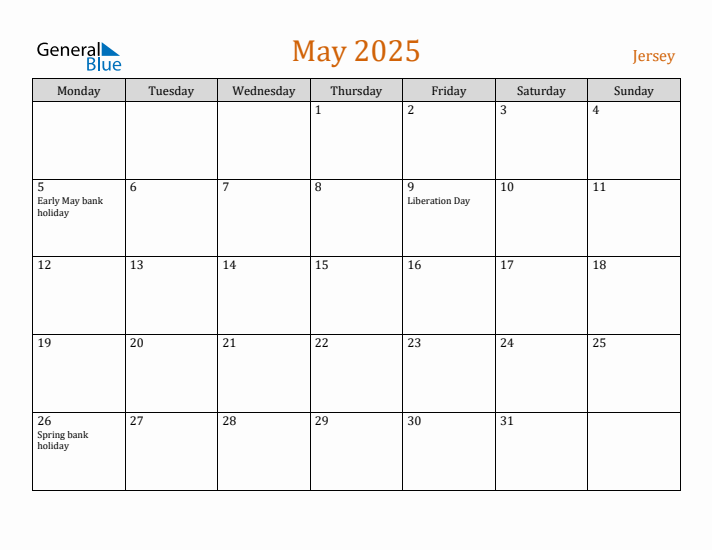 May 2025 Holiday Calendar with Monday Start