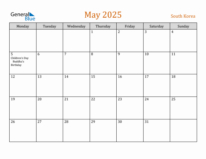 May 2025 Holiday Calendar with Monday Start