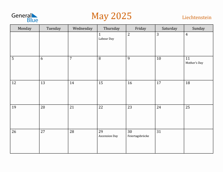 May 2025 Holiday Calendar with Monday Start