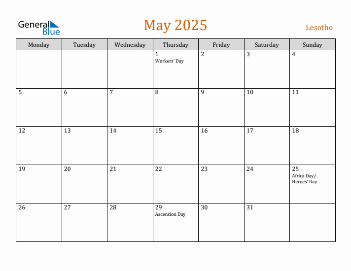 May 2025 Holiday Calendar with Monday Start