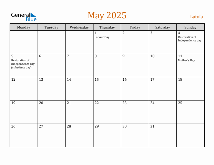 May 2025 Holiday Calendar with Monday Start