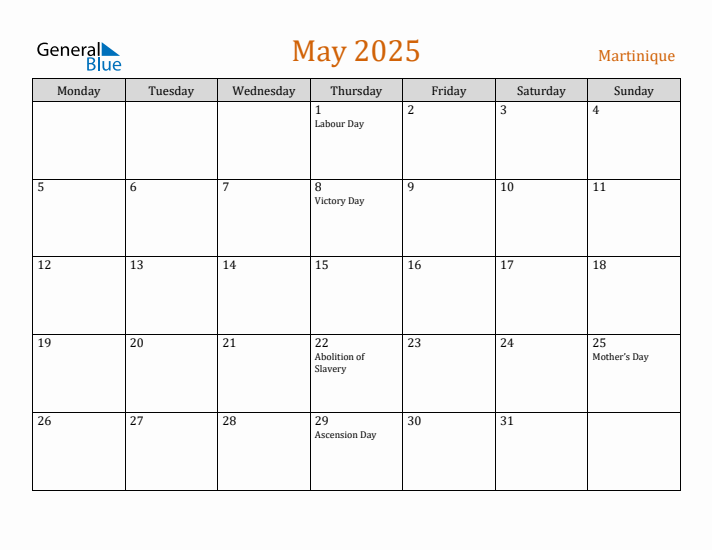 May 2025 Holiday Calendar with Monday Start