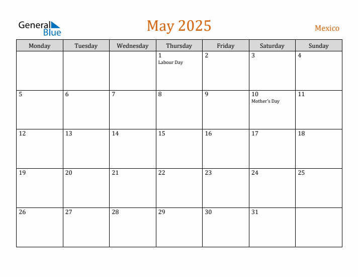 May 2025 Holiday Calendar with Monday Start