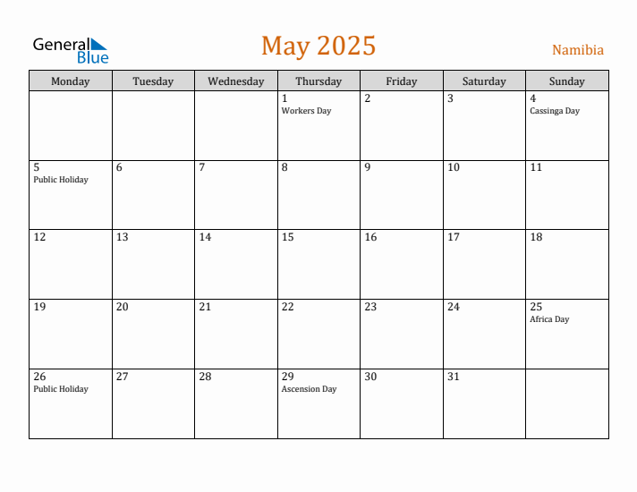 May 2025 Holiday Calendar with Monday Start