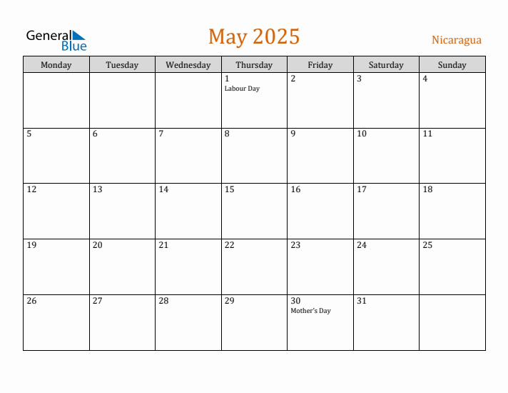 May 2025 Holiday Calendar with Monday Start