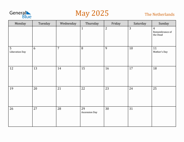 May 2025 Holiday Calendar with Monday Start