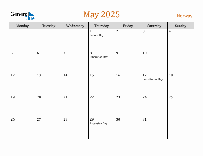 May 2025 Holiday Calendar with Monday Start