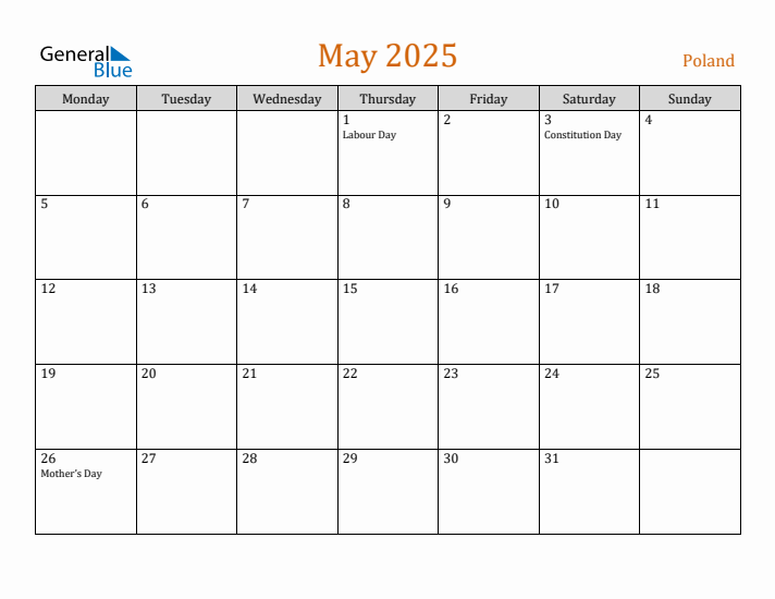 May 2025 Holiday Calendar with Monday Start