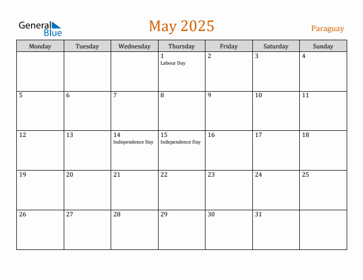 May 2025 Holiday Calendar with Monday Start