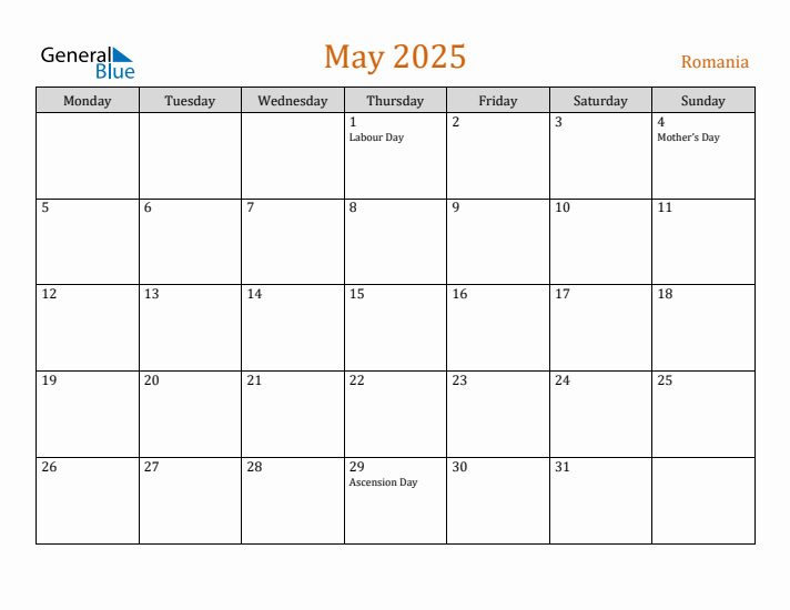 May 2025 Holiday Calendar with Monday Start