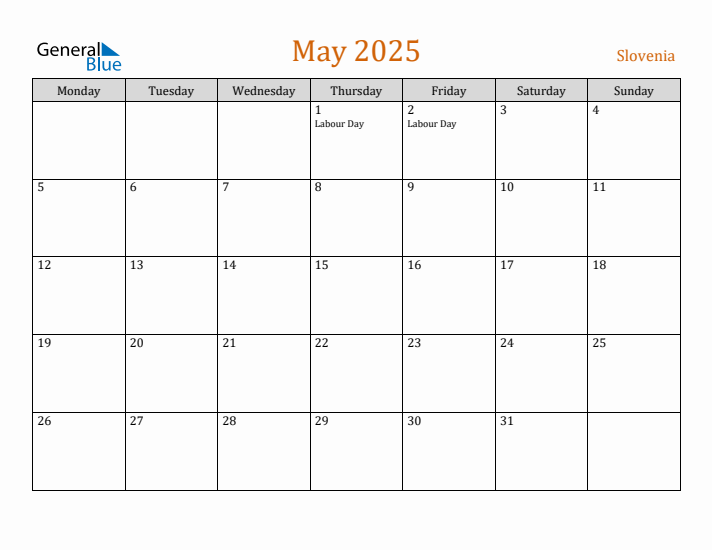 May 2025 Holiday Calendar with Monday Start