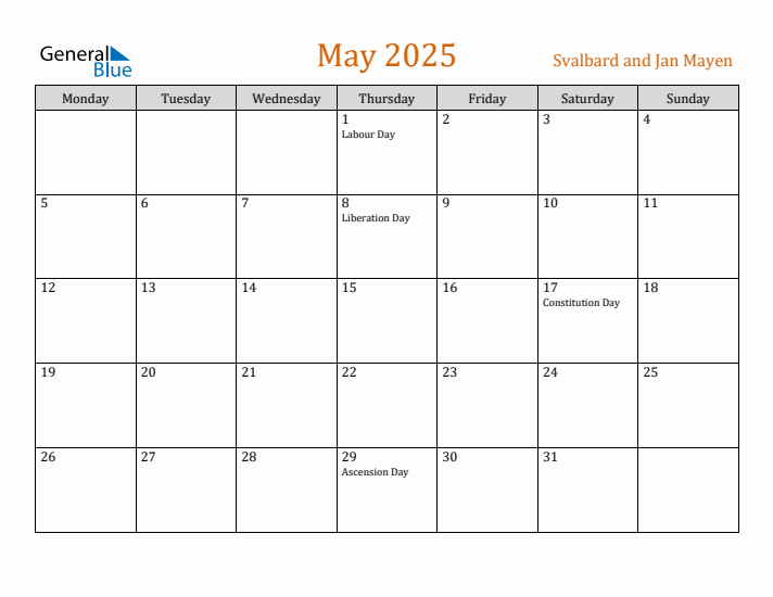 May 2025 Holiday Calendar with Monday Start