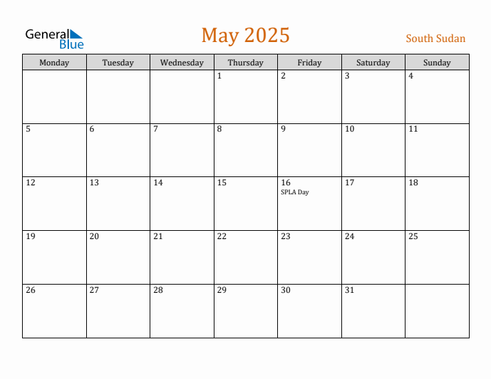 May 2025 Holiday Calendar with Monday Start