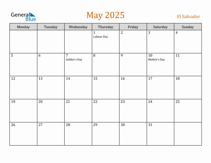 May 2025 Holiday Calendar with Monday Start