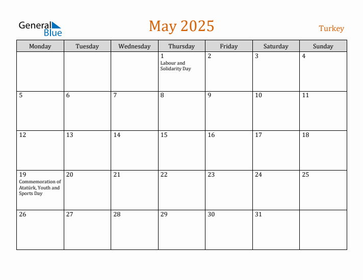 May 2025 Holiday Calendar with Monday Start