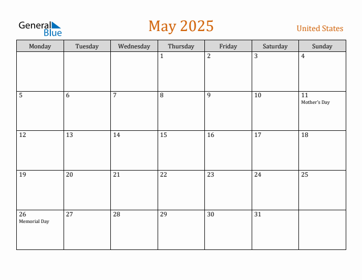 May 2025 Holiday Calendar with Monday Start