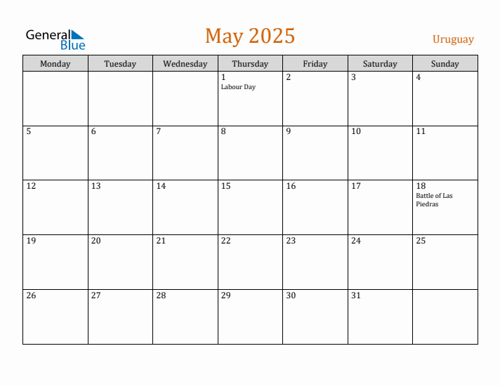 May 2025 Holiday Calendar with Monday Start