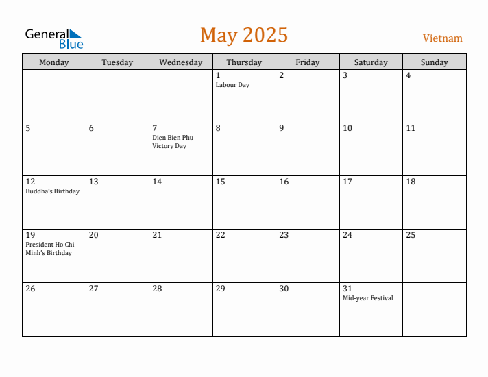 May 2025 Holiday Calendar with Monday Start