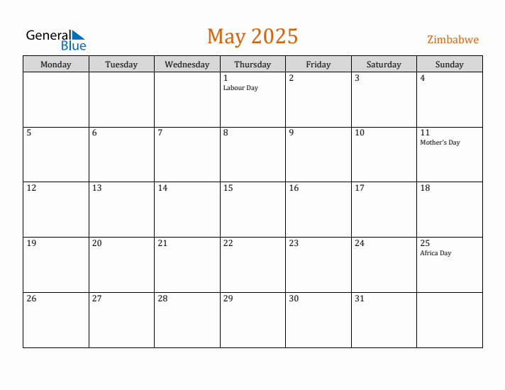 May 2025 Holiday Calendar with Monday Start