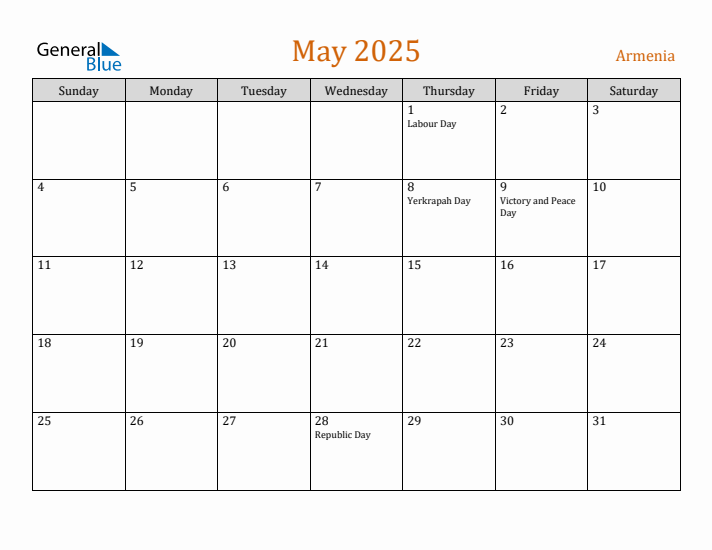 May 2025 Holiday Calendar with Sunday Start