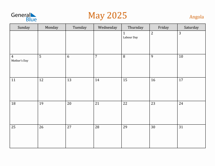 May 2025 Holiday Calendar with Sunday Start