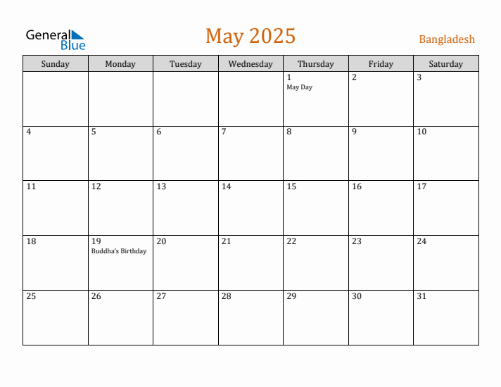 May 2025 Holiday Calendar with Sunday Start