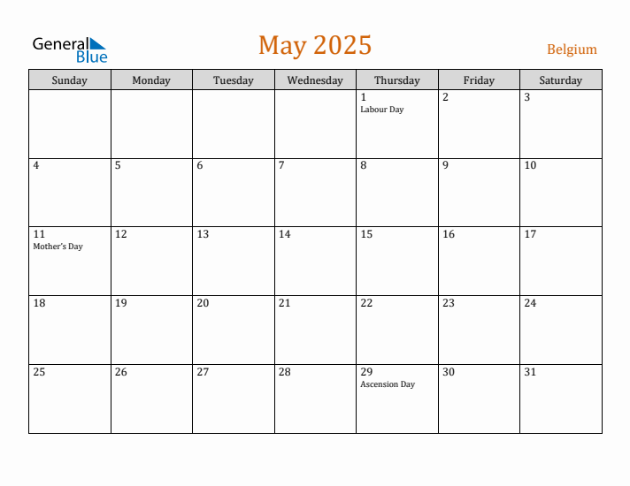 May 2025 Holiday Calendar with Sunday Start