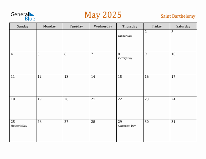 May 2025 Holiday Calendar with Sunday Start