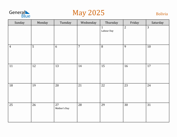 May 2025 Holiday Calendar with Sunday Start