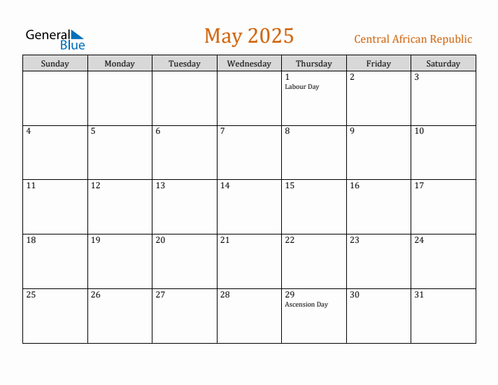 May 2025 Holiday Calendar with Sunday Start