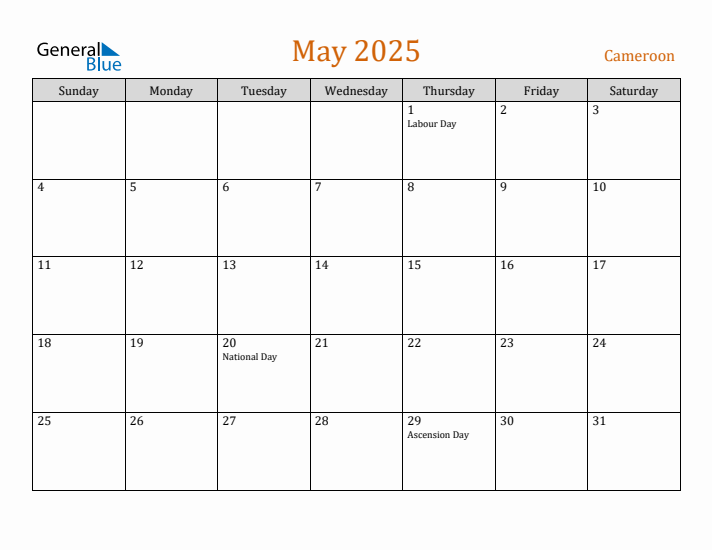 May 2025 Holiday Calendar with Sunday Start