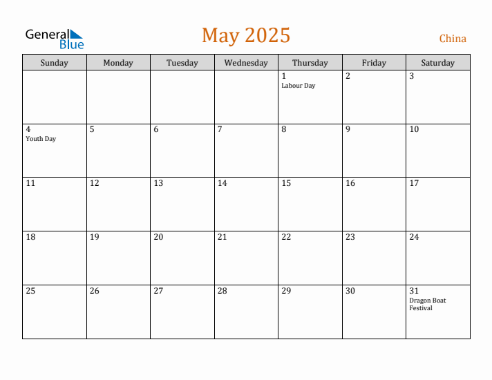 May 2025 Holiday Calendar with Sunday Start