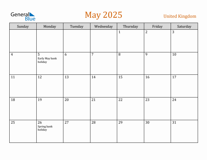 May 2025 Holiday Calendar with Sunday Start