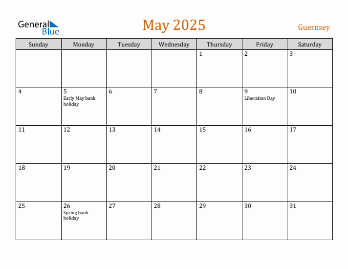 May 2025 Holiday Calendar with Sunday Start