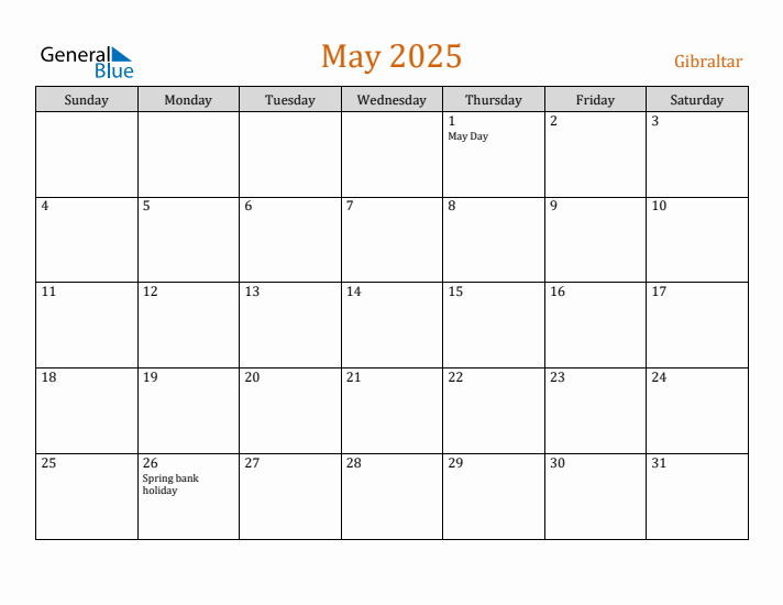 May 2025 Holiday Calendar with Sunday Start