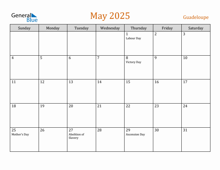 May 2025 Holiday Calendar with Sunday Start