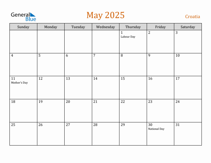 May 2025 Holiday Calendar with Sunday Start