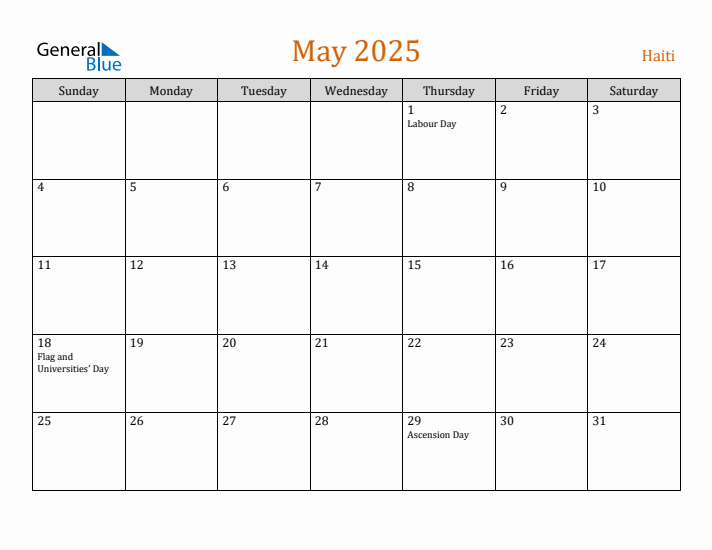 May 2025 Holiday Calendar with Sunday Start