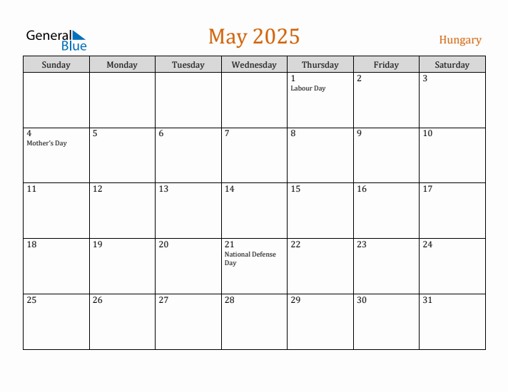 May 2025 Holiday Calendar with Sunday Start