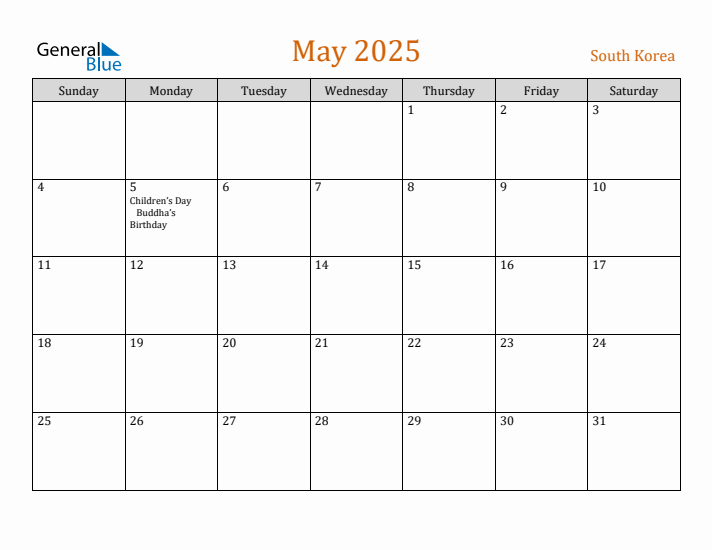 May 2025 Holiday Calendar with Sunday Start